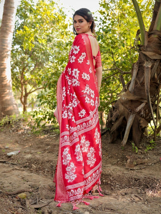 Graceful Red Tussar Silk Saree with White Floral Design and Zari Border DIGITAL PRINT
