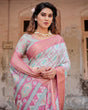 Load image into Gallery viewer, Pastel Pink and Mint Green Geometric Tussar Silk Saree with Zari Paisley Border DIGITAL PRINT