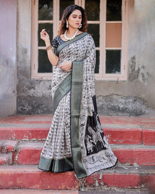 Monochrome White and Black Tussar Silk Saree with Tribal Art Motifs and Zari Border DIGITAL PRINT