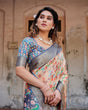 Load image into Gallery viewer, Peach and Navy Blue Floral Saree with Vibrant Peacock Pallu and Tassel Detailing DIGITAL PRINT