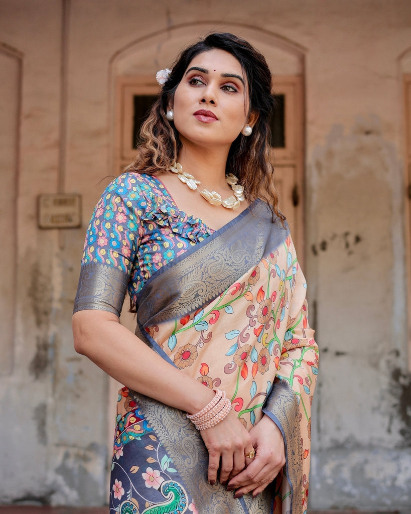 Peach and Navy Blue Floral Saree with Vibrant Peacock Pallu and Tassel Detailing DIGITAL PRINT