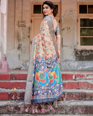 Peach and Navy Blue Floral Saree with Vibrant Peacock Pallu and Tassel Detailing DIGITAL PRINT