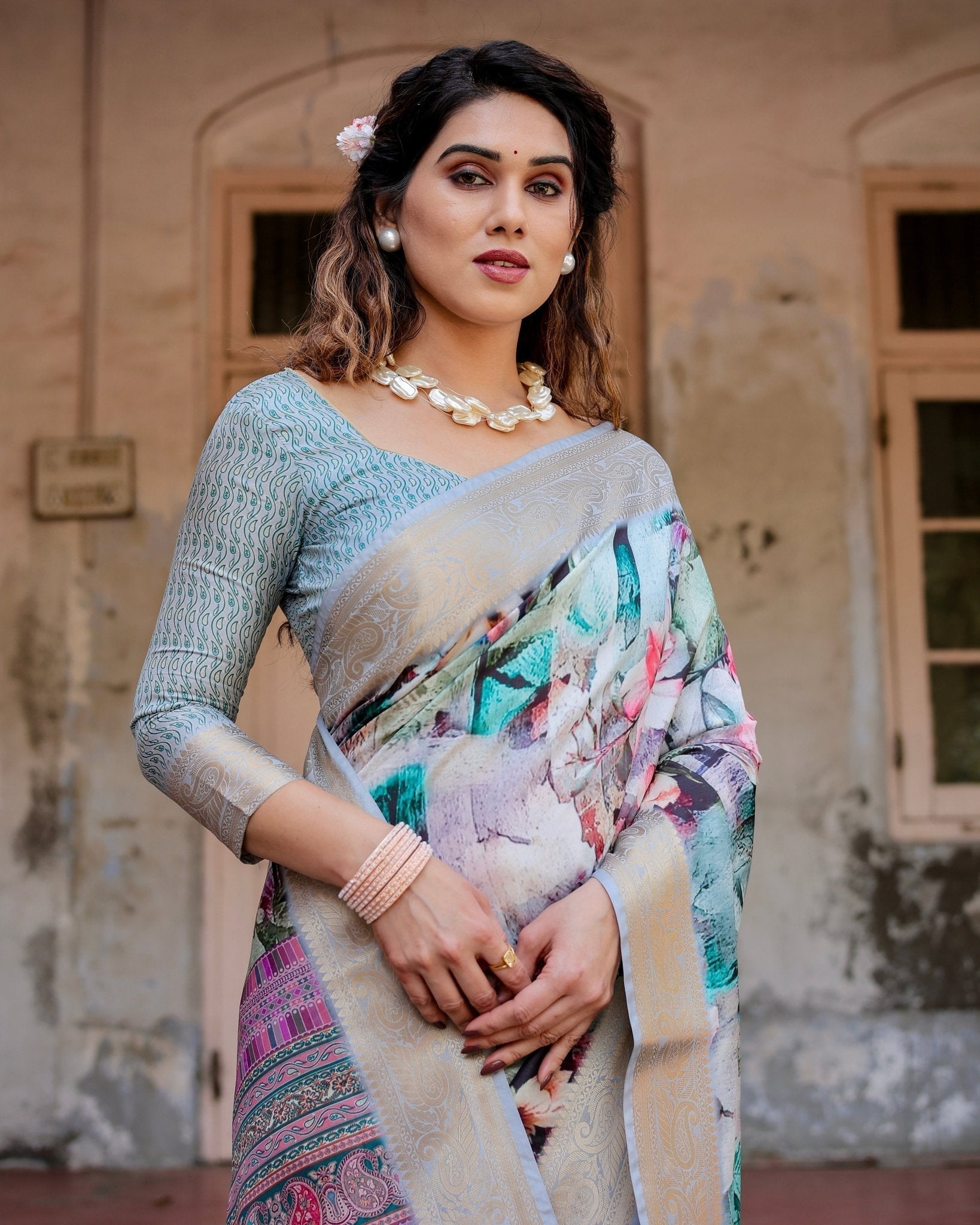 Graceful Floral Digital Print Saree with Gold Paisley Border and Multicolor Pallu DIGITAL PRINT