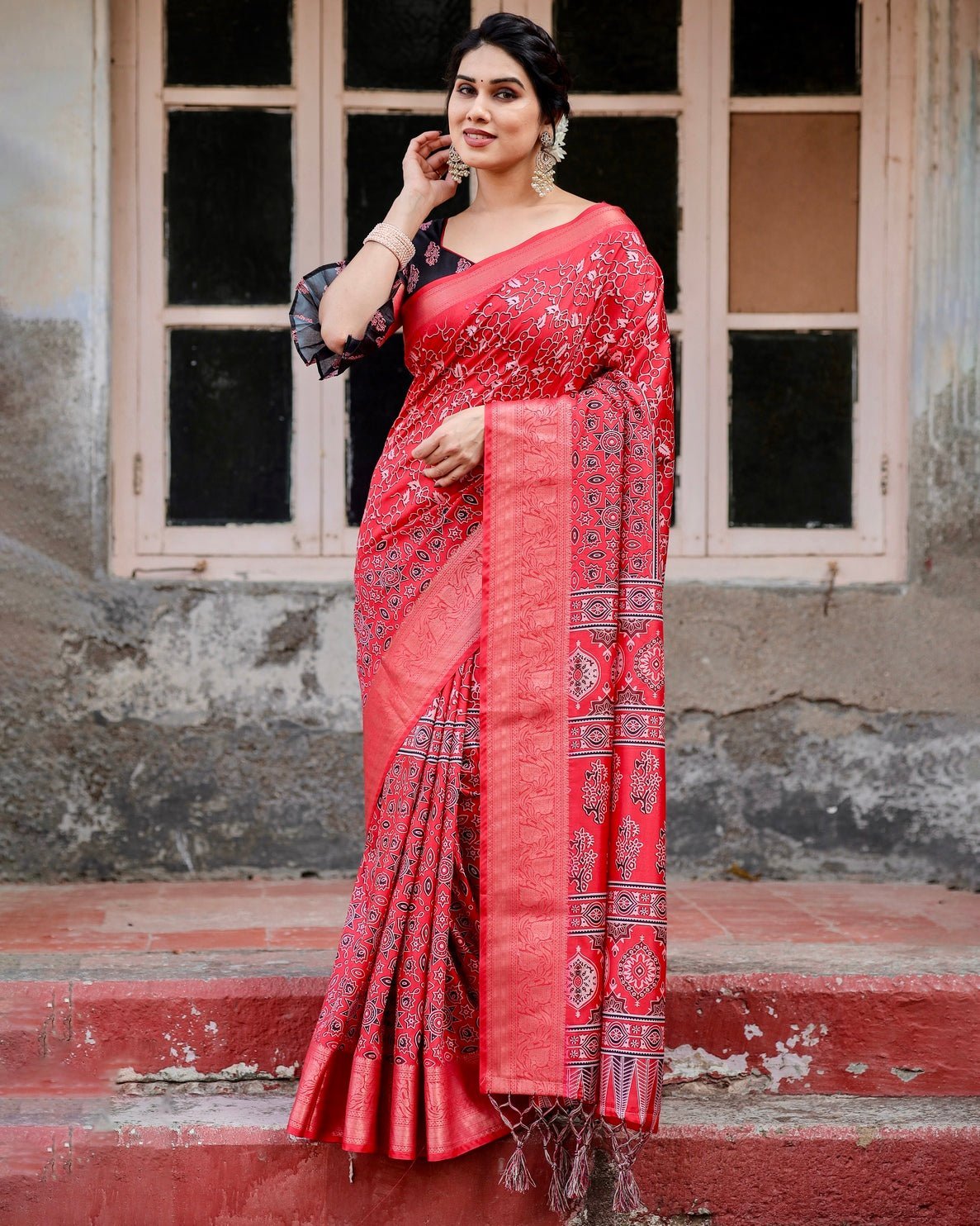 Fiery Red Tussar Silk Saree with Ornamental Motifs and Detailed Zari Pallu DIGITAL PRINT Main image