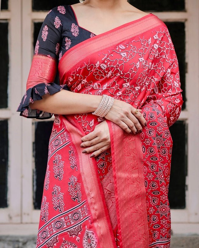 Fiery Red Tussar Silk Saree with Ornamental Motifs and Detailed Zari Pallu DIGITAL PRINT