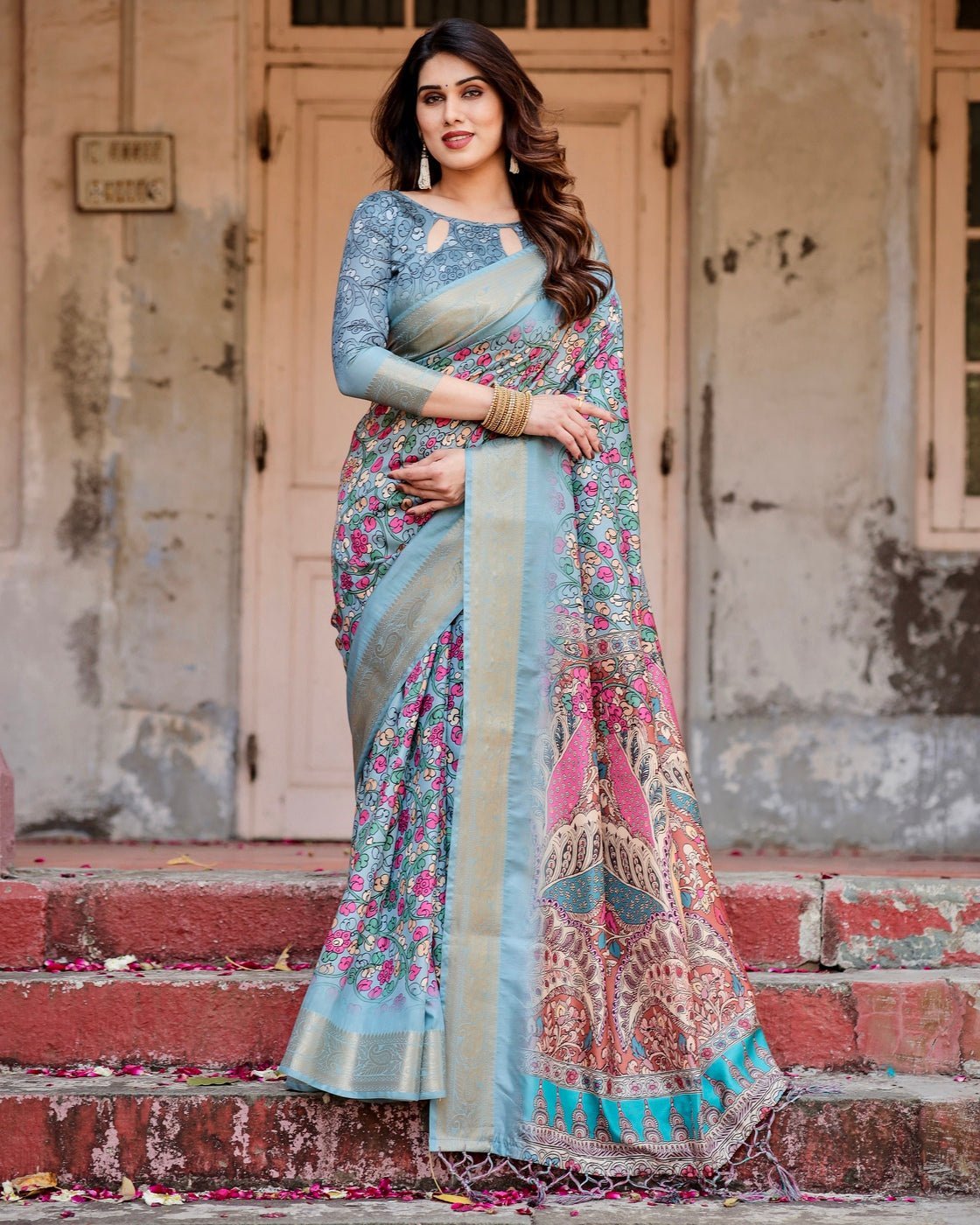 Sky Blue Tussar Silk Saree with Floral Weaves and Ornamental Pallu Design DIGITAL PRINT Main image