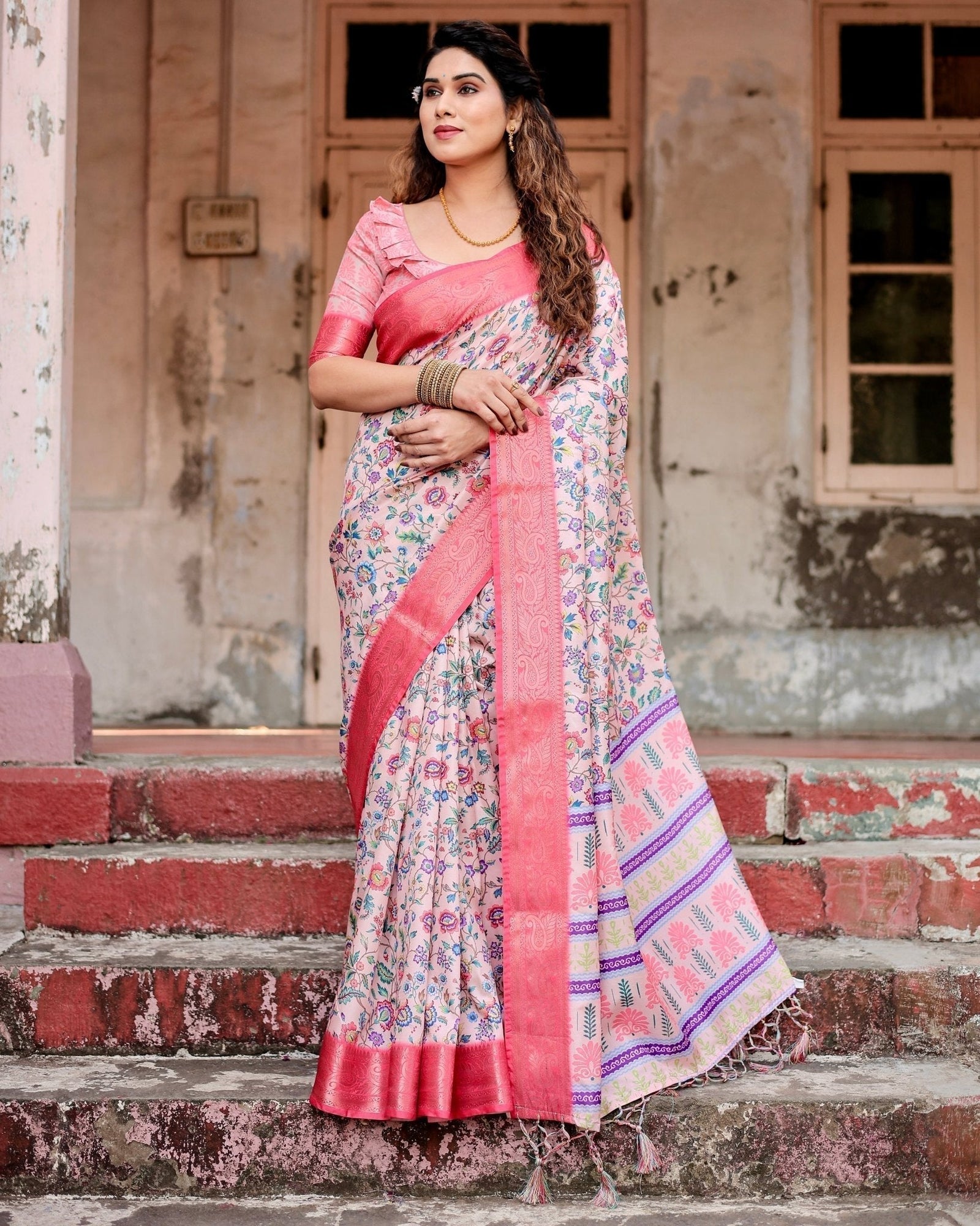 Blush Pink Tussar Silk Saree with Multicolor Floral Design and Zari Paisley Border DIGITAL PRINT