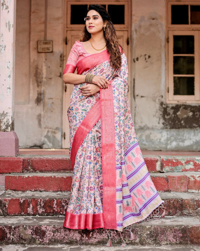 Blush Pink Tussar Silk Saree with Multicolor Floral Design and Zari Paisley Border DIGITAL PRINT