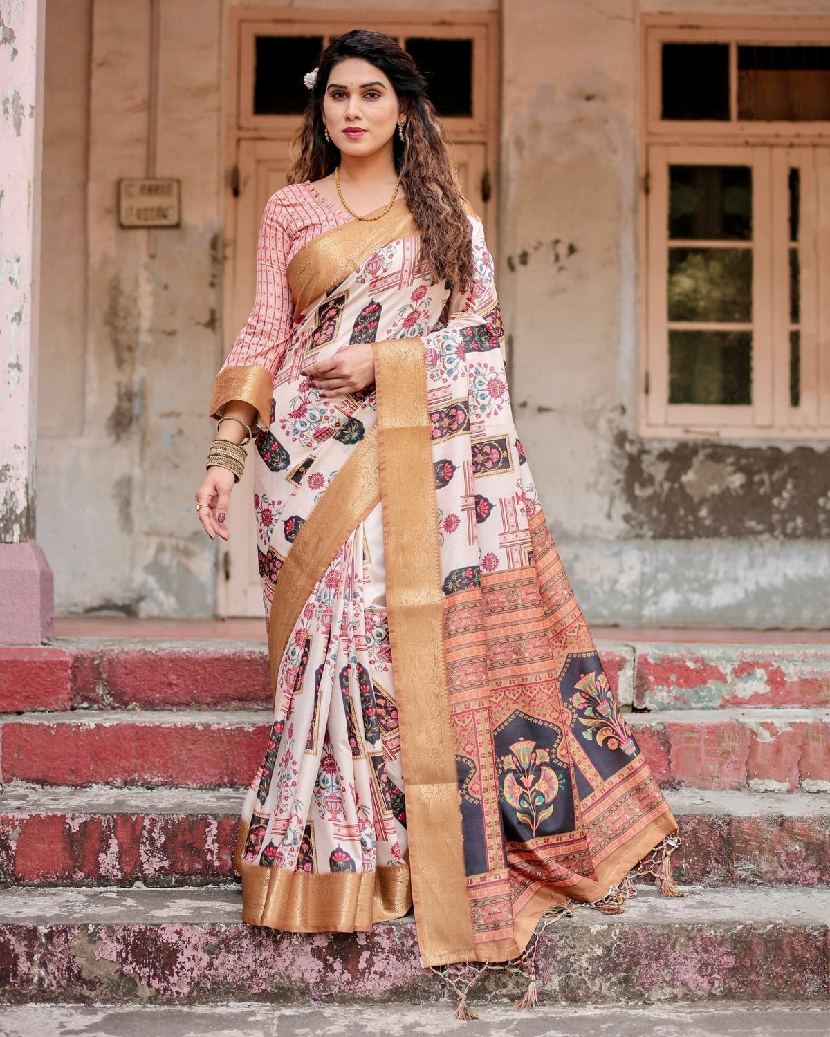 Ivory Tussar Silk Saree with Artistic Floral Motifs and Gleaming Golden Zari Border DIGITAL PRINT Main image