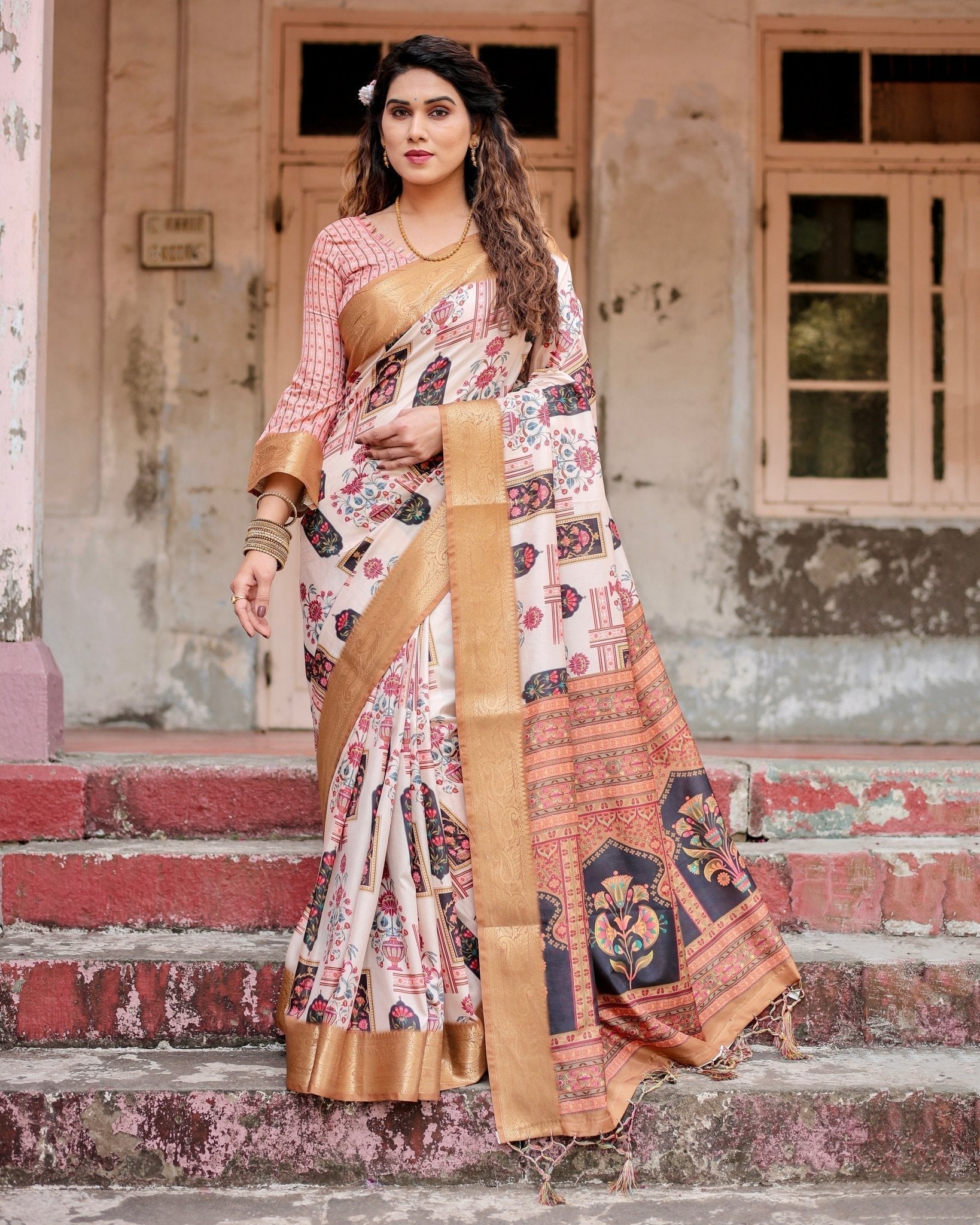 Ivory Tussar Silk Saree with Artistic Floral Motifs and Gleaming Golden Zari Border DIGITAL PRINT Main image