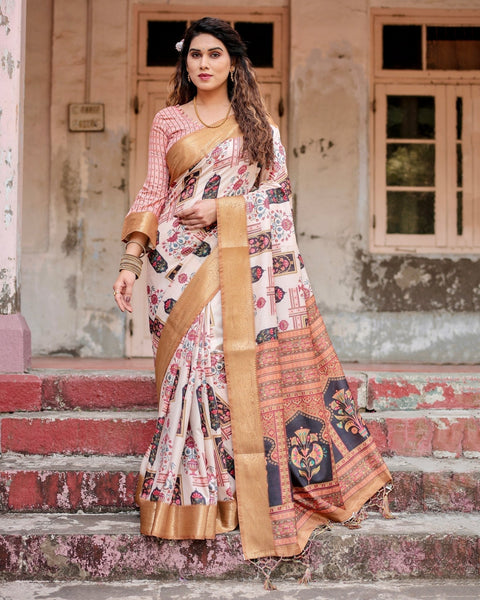 Ivory Tussar Silk Saree with Artistic Floral Motifs and Gleaming Golden Zari Border DIGITAL PRINT Main image