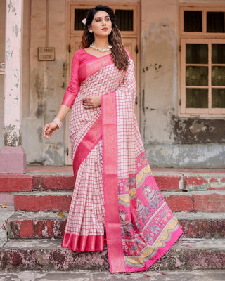 Pink and Ivory Tussar Silk Saree with Golden Zari Border and Majestic Elephant Motif Pallu DIGITAL PRINT