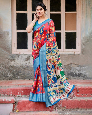 Multicolor Tussar Silk Saree with Vibrant Peacock and Floral Motifs DIGITAL PRINT