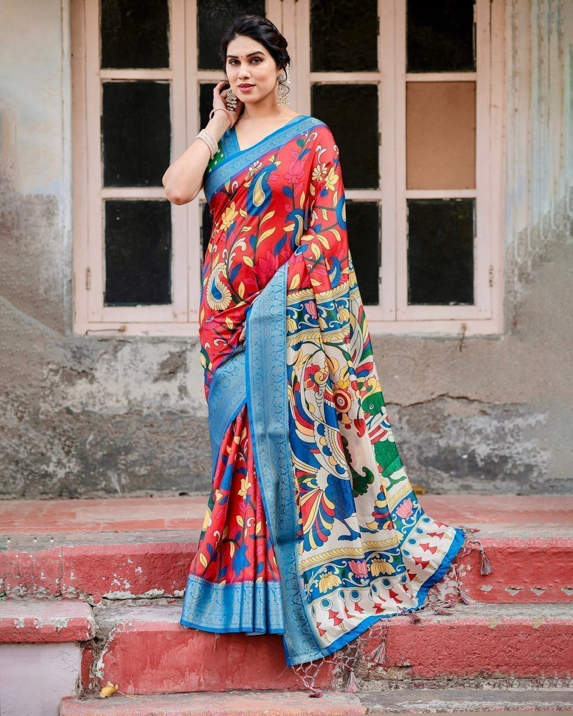 Multicolor Tussar Silk Saree with Vibrant Peacock and Floral Motifs DIGITAL PRINT