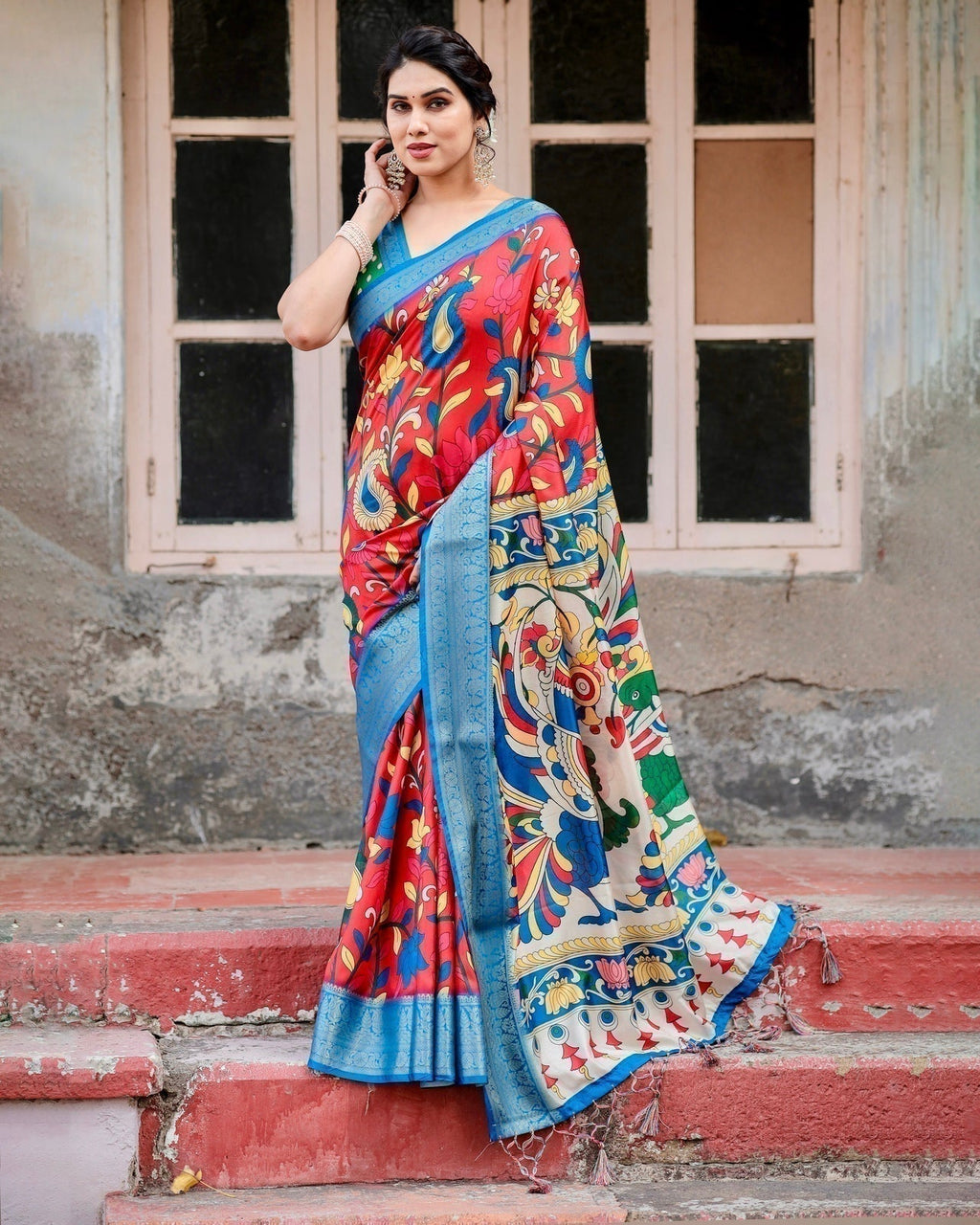 Multicolor Tussar Silk Saree with Vibrant Peacock and Floral Motifs DIGITAL PRINT