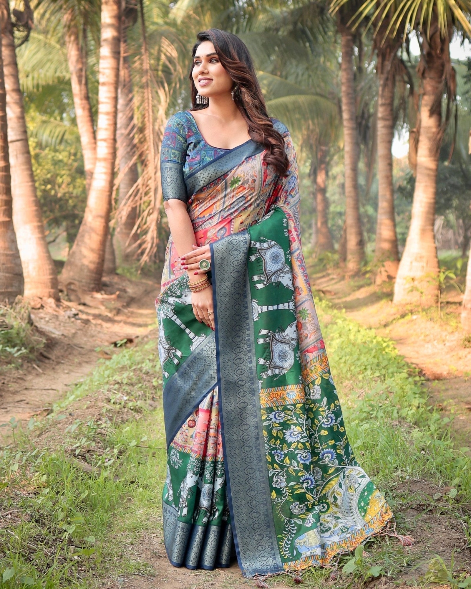 Multicolored Digital Print Tussar Silk Saree with Intricate Zari Border and Elephant Motif Pallu DIGITAL PRINT