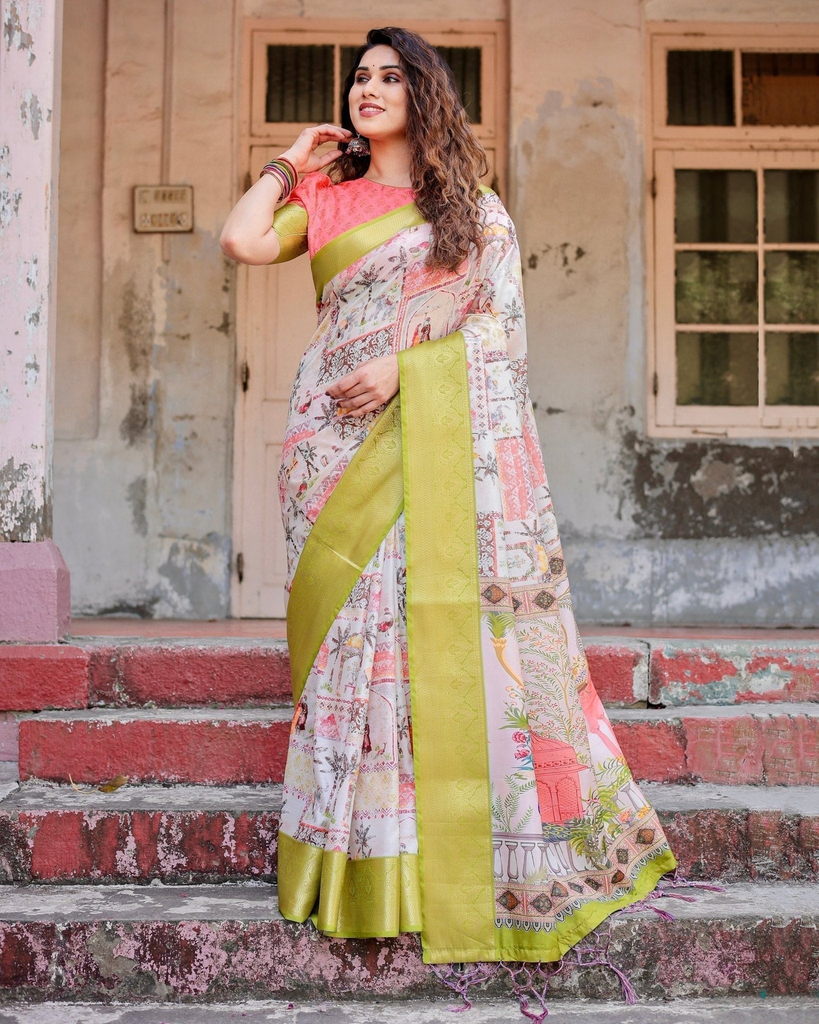 Pastel Tussar Silk Saree with Lime Green Zari Border and Hand-Painted Heritage Designs DIGITAL PRINT