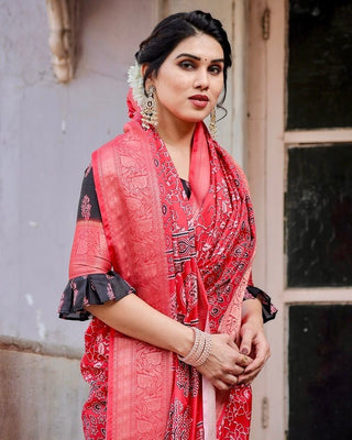 Fiery Red Tussar Silk Saree with Ornamental Motifs and Detailed Zari Pallu DIGITAL PRINT