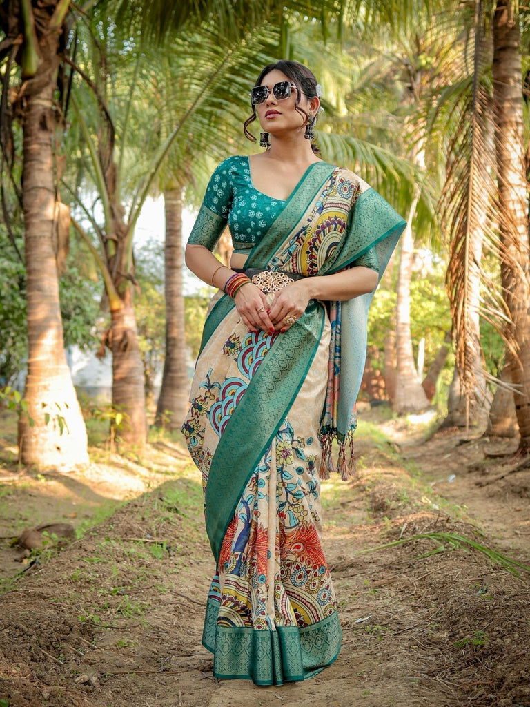 Elegant Tussar Silk Saree in Beige and Coral with Madhubani Pallu and Zari Accents DIGITAL PRINT
