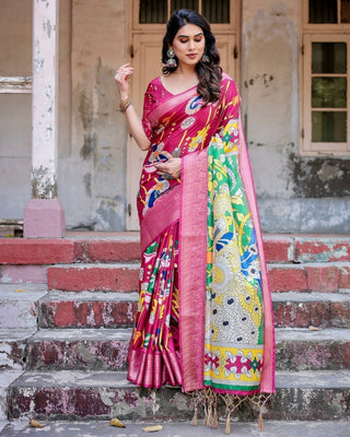 Magenta Tussar Silk Saree with Artistic Peacock & Floral Kalamkari Design DIGITAL PRINT