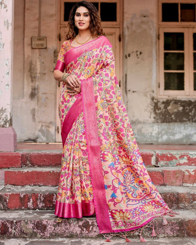 Peach and Fuchsia Floral Digital Print Tussar Silk Saree with Zari Border and Paisley Pallu DIGITAL PRINT