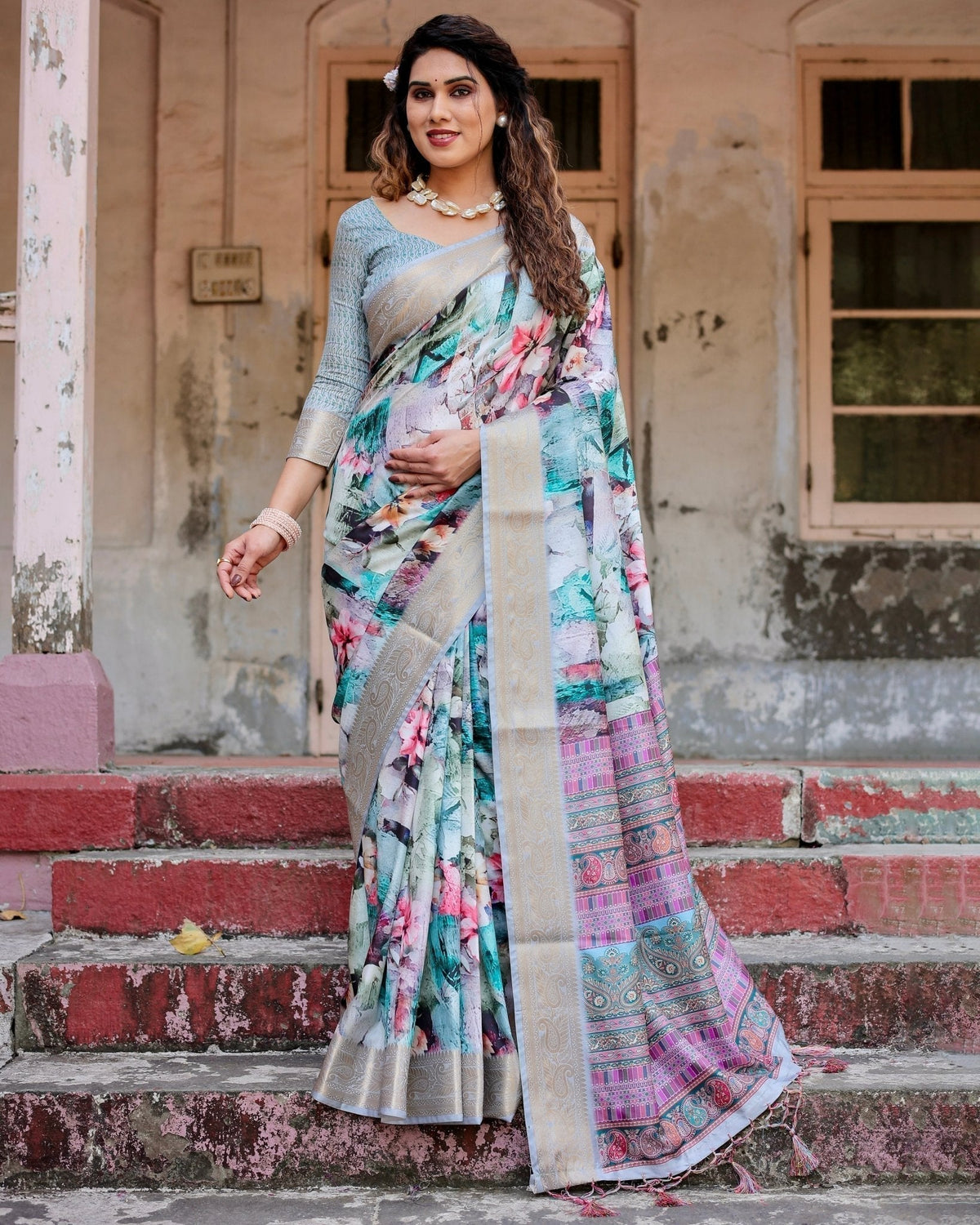 Graceful Floral Digital Print Saree with Gold Paisley Border and Multicolor Pallu DIGITAL PRINT Main image