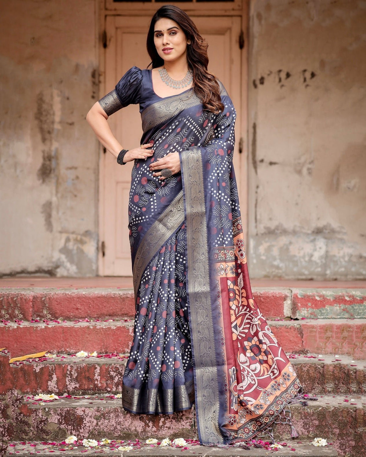 Navy Blue Tussar Silk Saree with Geometric Patterns, Zari Border, and Vibrant Pallu DIGITAL PRINT Main image