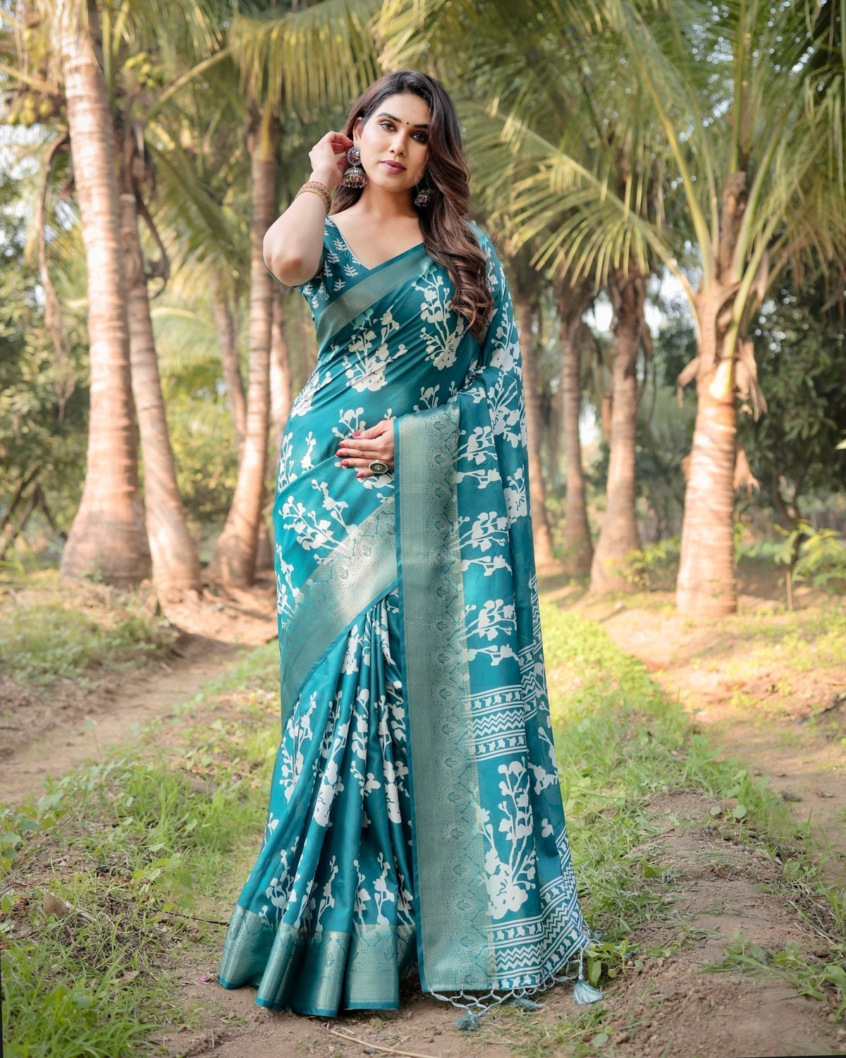 Teal Blue Tussar Silk Saree with White Floral Design, Gold Zari Border & Tassel Pallu DIGITAL PRINT Main image