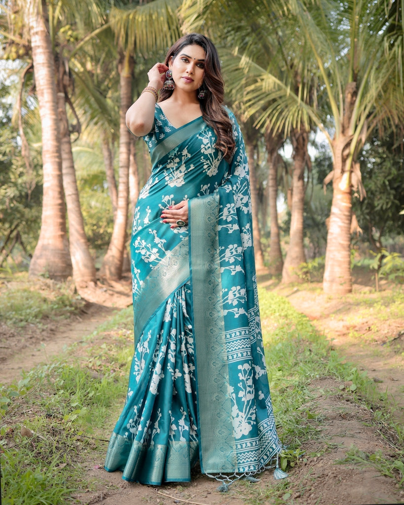 Teal Blue Tussar Silk Saree with White Floral Design, Gold Zari Border & Tassel Pallu DIGITAL PRINT