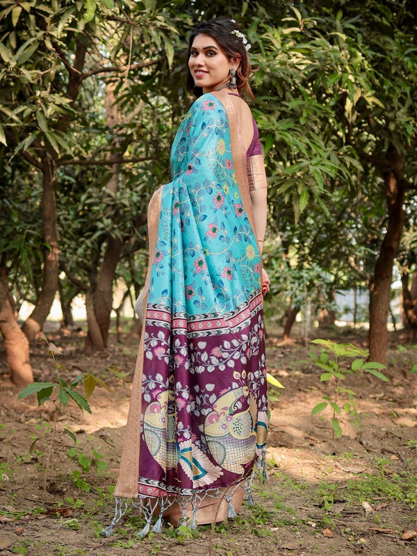 Aqua Blue Tussar Silk Saree with Floral Vine Design and Gold Zari Border DIGITAL PRINT