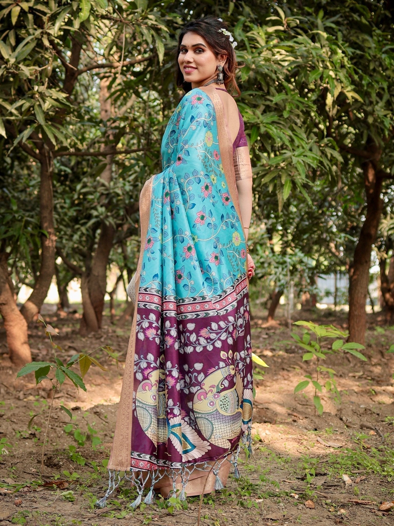 Aqua Blue Tussar Silk Saree with Floral Vine Design and Gold Zari Border DIGITAL PRINT
