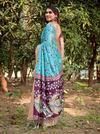 Aqua Blue Tussar Silk Saree with Floral Vine Design and Gold Zari Border DIGITAL PRINT