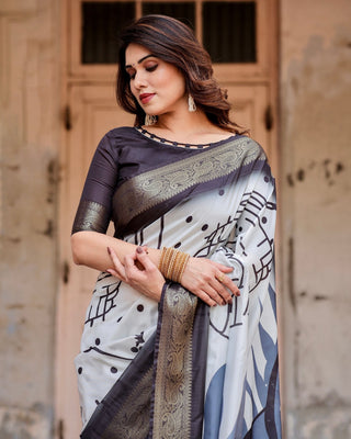 Monochrome Abstract Tussar Silk Saree with Charcoal Gray Zari Border DIGITAL PRINT