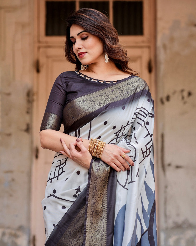 Monochrome Abstract Tussar Silk Saree with Charcoal Gray Zari Border DIGITAL PRINT
