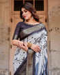 Load image into Gallery viewer, Monochrome Abstract Tussar Silk Saree with Charcoal Gray Zari Border DIGITAL PRINT