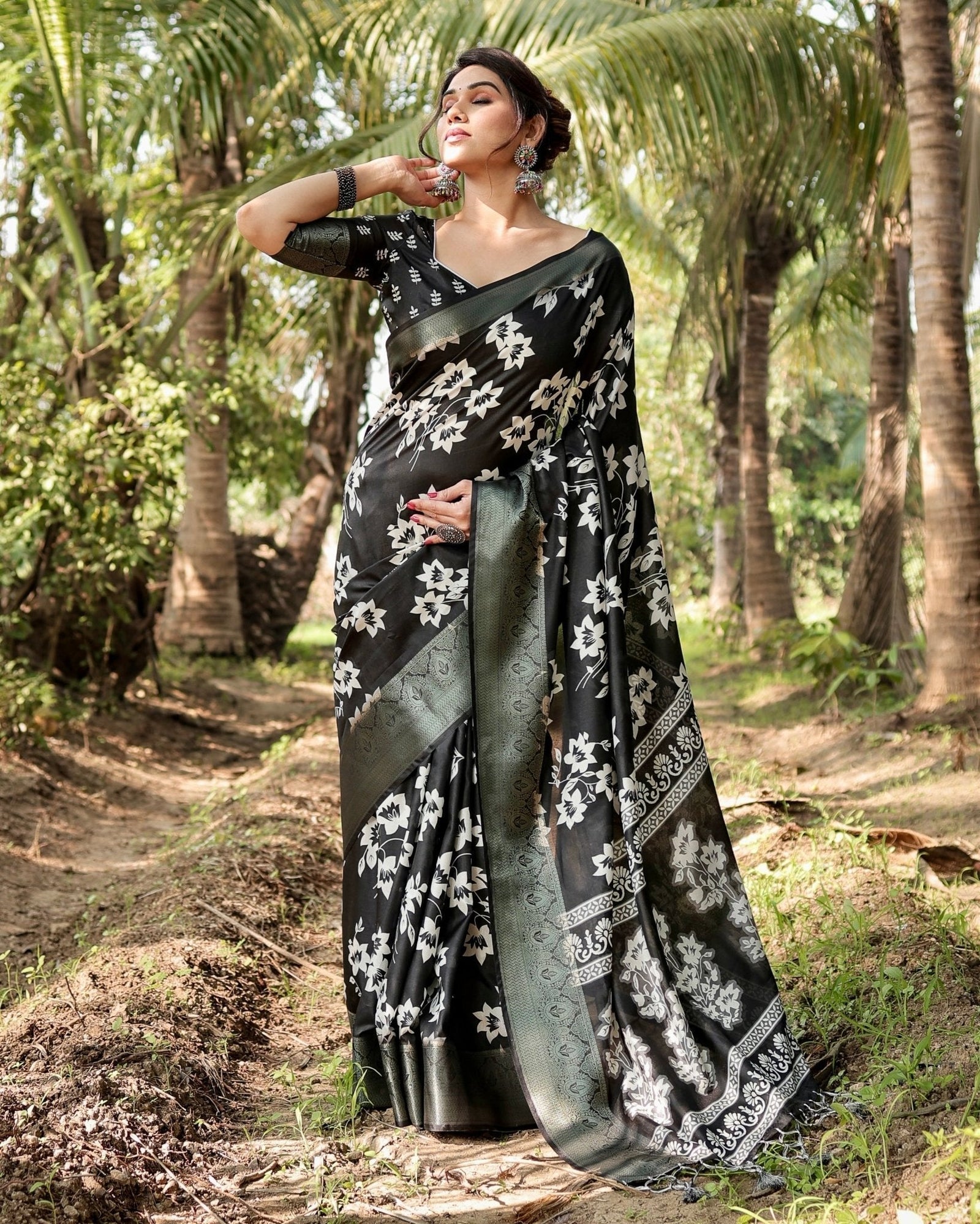 Elegant Black Tussar Silk Saree with Zari Embellished Border and Bold Floral Pallu DIGITAL PRINT