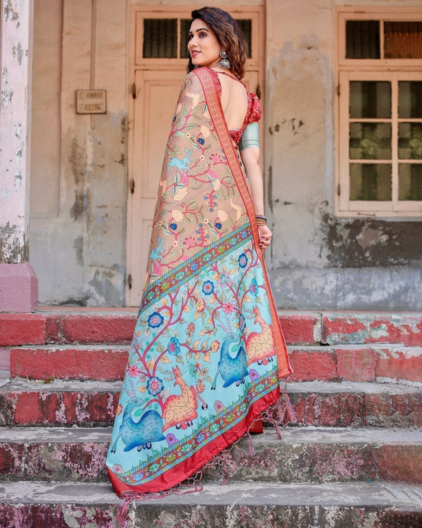 Beige Tussar Silk Saree with Vibrant Multicolor Floral Prints and Red Zari Border DIGITAL PRINT