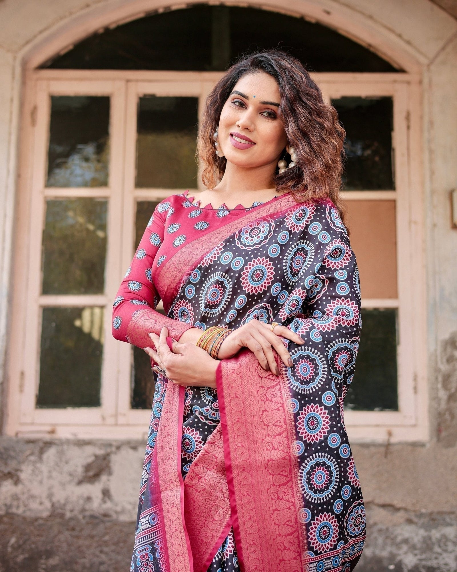 Black and Coral Tussar Silk Saree with Intricate Circular Motifs and Ornamental Pallu DIGITAL PRINT