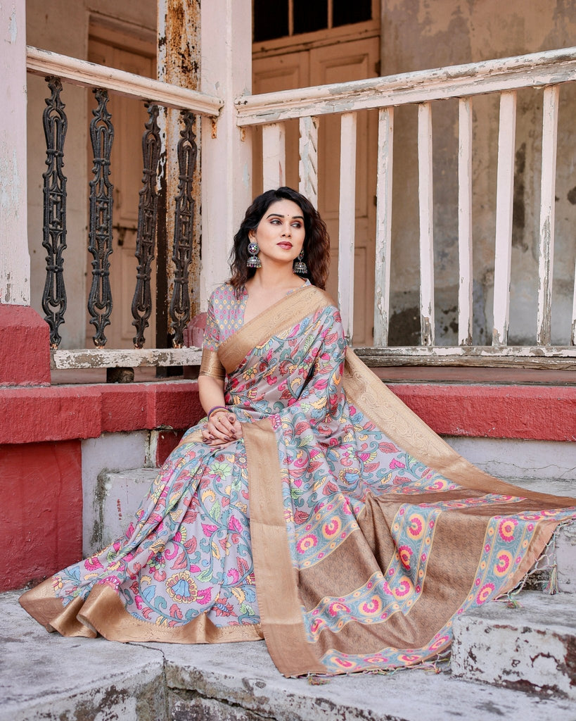 Exquisite Gray Floral Digital Print Saree with Golden Border and Ornamental Pallu DIGITAL PRINT