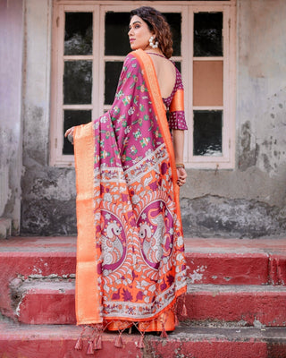 Wine Purple and Orange Tussar Silk Saree with Floral Motifs and Artistic Pallu DIGITAL PRINT