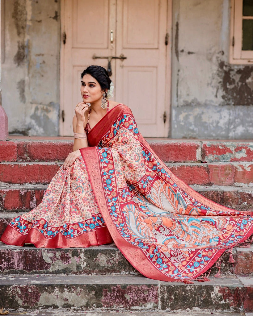 Beige and Coral Tussar Silk Saree with Intricate Floral Prints and Artistic Pallu DIGITAL PRINT