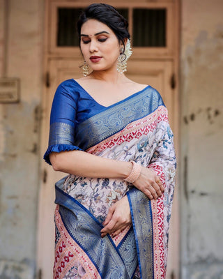 Ivory and Navy Blue Tussar Silk Saree with Floral Elegance and Ornamental Zari Work DIGITAL PRINT