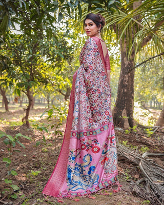 Blush Pink Digital Print Tussar Silk Saree with Zari Border and Peacock Motif Pallu DIGITAL PRINT