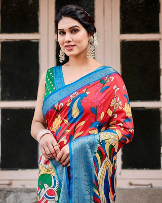 Multicolor Tussar Silk Saree with Vibrant Peacock and Floral Motifs DIGITAL PRINT