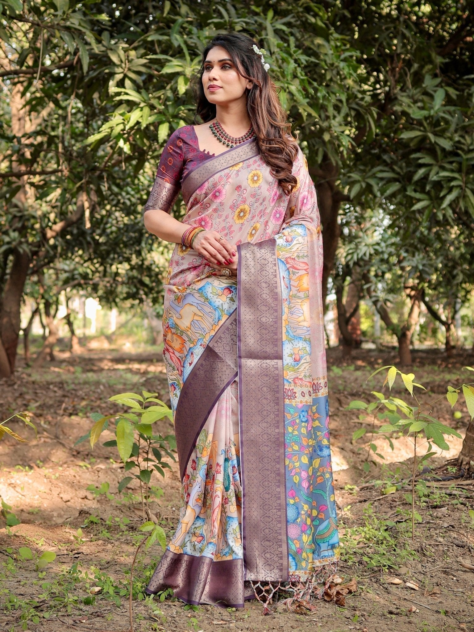 Pastel Beige Tussar Silk Saree with Vibrant Floral Motifs and Zari Border DIGITAL PRINT