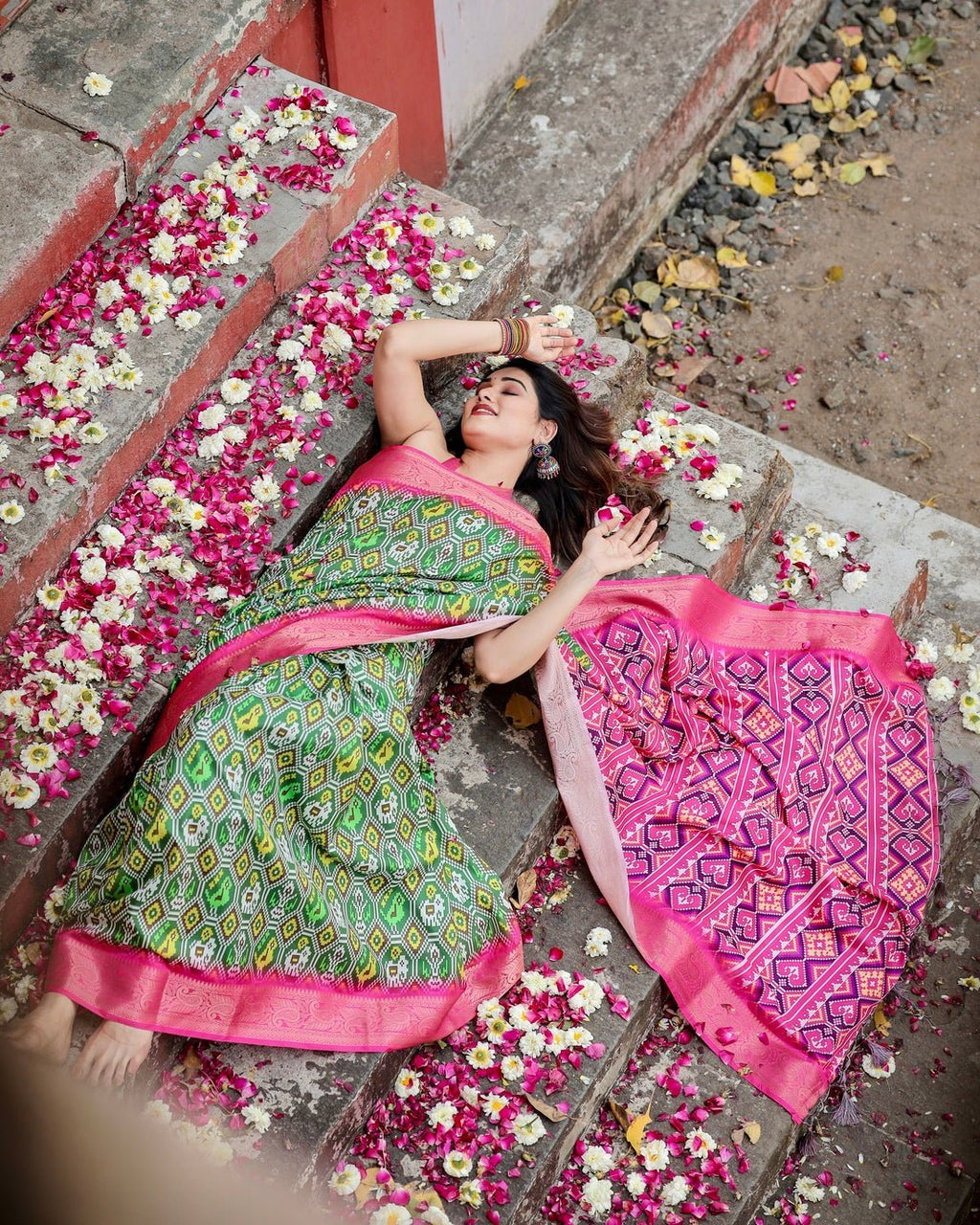 Green and Pink Tussar Silk Saree with Vibrant Ikat Patterns and Zari Border DIGITAL PRINT