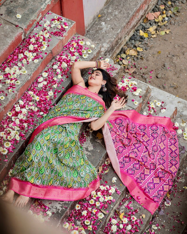 Green and Pink Tussar Silk Saree with Vibrant Ikat Patterns and Zari Border DIGITAL PRINT