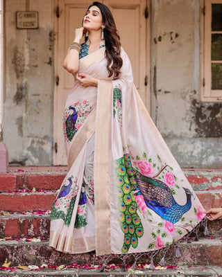 Soft Pastel Pink Tussar Silk Saree with Hand-Painted Peacock and Floral Motifs DIGITAL PRINT