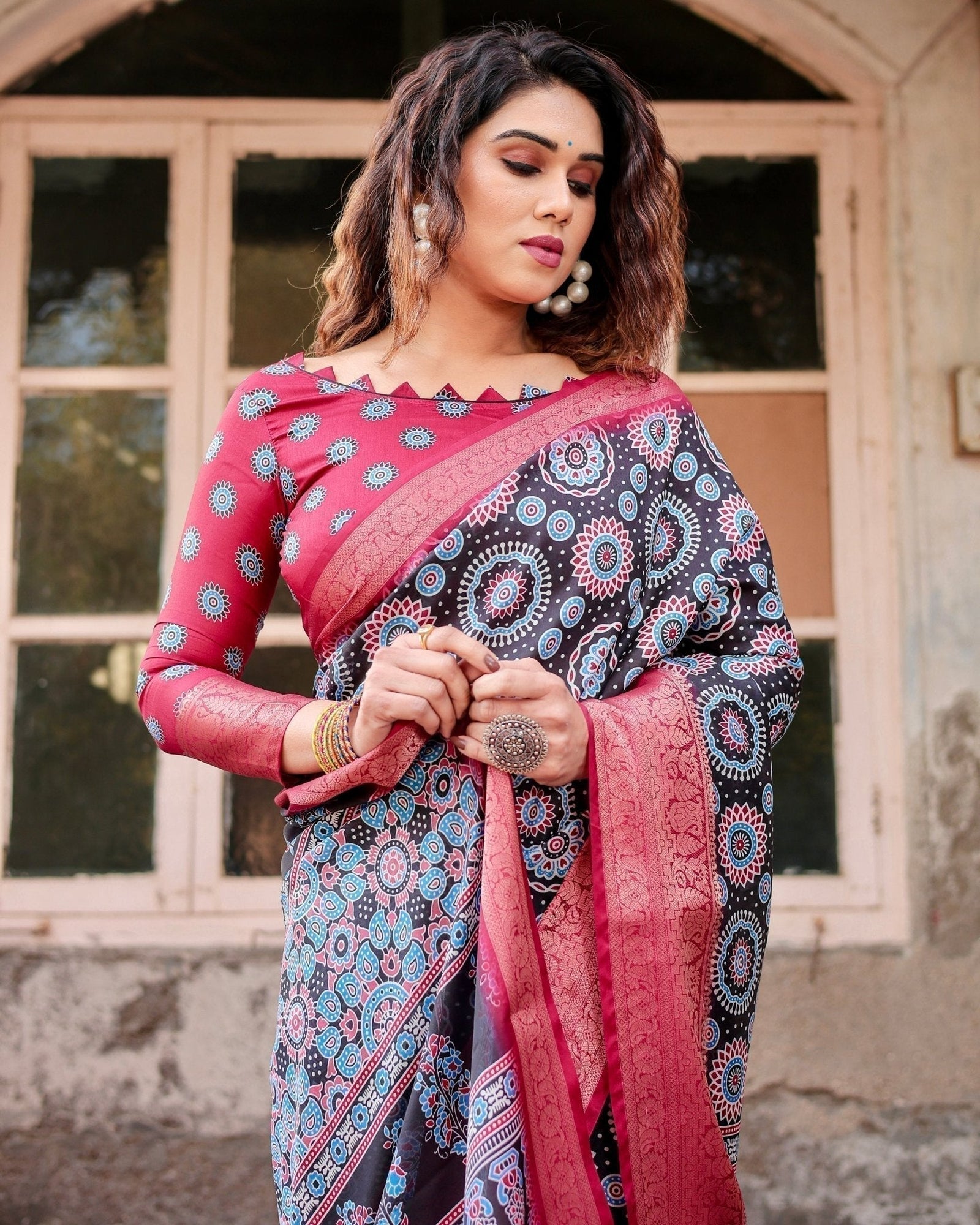 Black and Coral Tussar Silk Saree with Intricate Circular Motifs and Ornamental Pallu DIGITAL PRINT