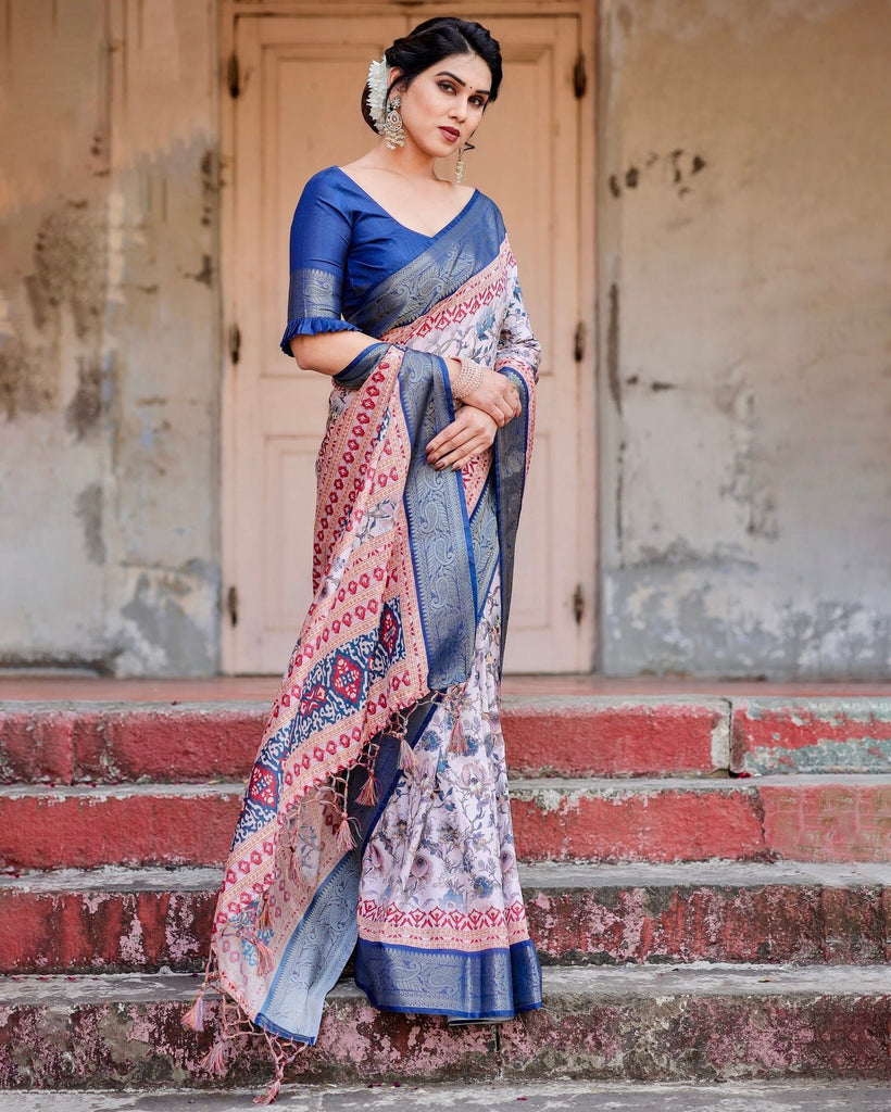Ivory and Navy Blue Tussar Silk Saree with Floral Elegance and Ornamental Zari Work DIGITAL PRINT